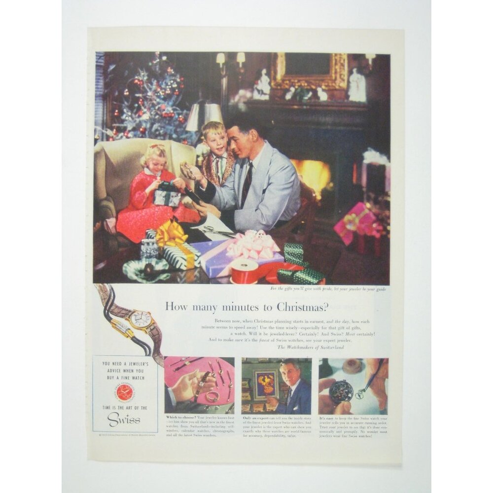Vintage 1950s Christmas Ad Swiss Watches Gift Wrapping Children Fireplace Tree